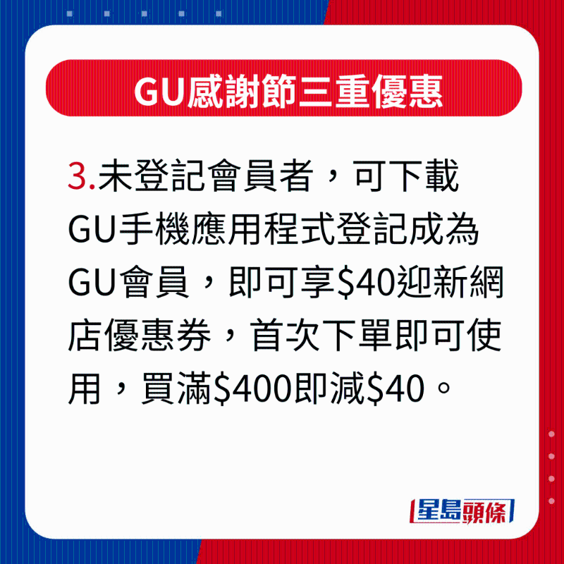 GU感謝節三重優惠，未登記會員者，可下載GU手機應用程序登記成為GU會員，即可享$40迎新網店優惠券，首次下單即可使用，買滿$400即減$40。