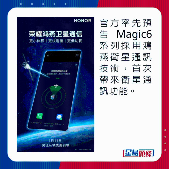 官方率先預告Magic6系列採用鴻燕衛星通訊技術，首次帶來衛星通訊功能。