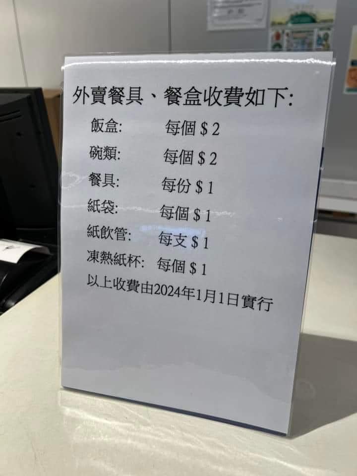 早前網上流傳一張照片，相內見到外賣餐具、餐合的收費：飯盒每個2元，碗類每個2元，餐具每份1元，紙袋每個1元，紙飲管支1元，凍熱紙杯每個1元。 網絡圖片