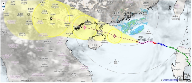 香港天文臺預測臺風摩羯將在明早（6日）于香港西南300公里左右掠過。 （圖片來源：香港天文臺）